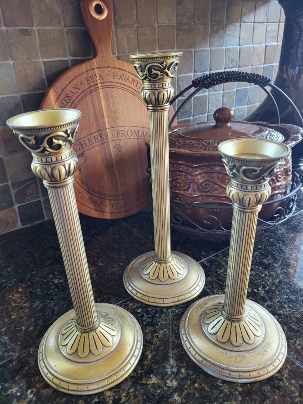 3 Vtg Party Lite Classic Creations Satin Gold Candlesticks 12 in,11 in and 9 in